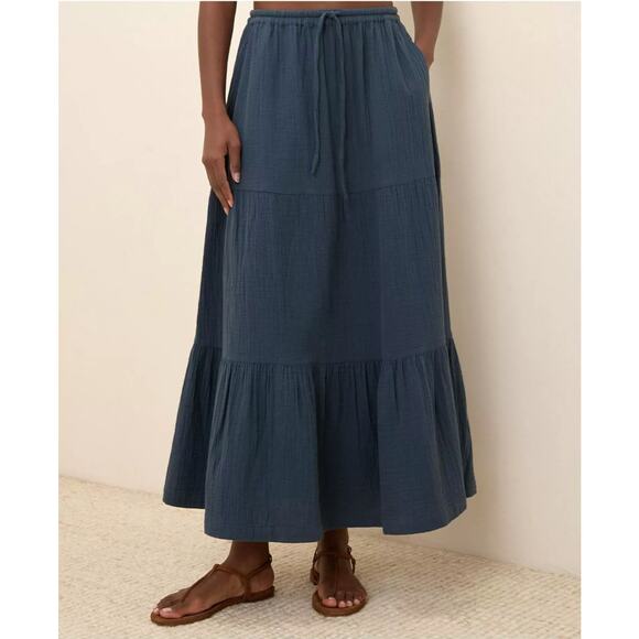 PACT Organic Cotton Coastal Double Gauze Tiered Maxi Skirt Navy Blue Sz M {A4} - Picture 6 of 6
